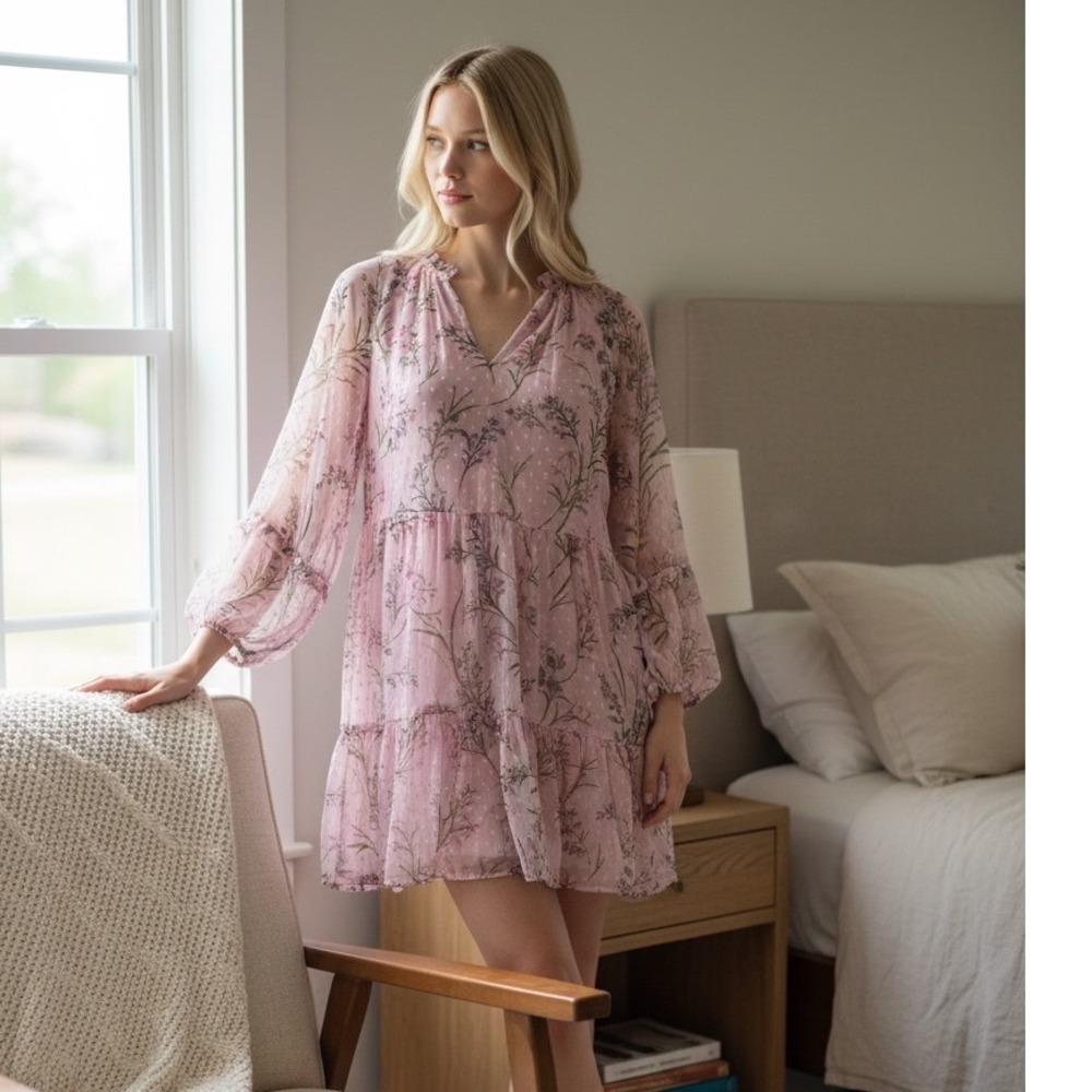 CeCe Pink Floral Clip Dot Tiered Mini Dress Ruffle V-Neck Long Sleeve M NWT's